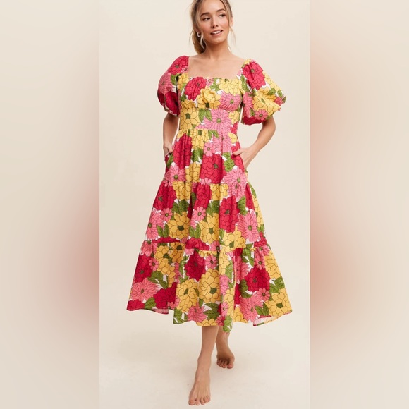 Listicle flower print puffed tiered midi dress - Picture 6 of 16